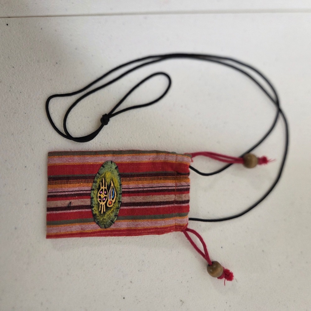Boho Woven Striped Medicine Bag Amulet Pouch Necklace Hand Painted Patch Red